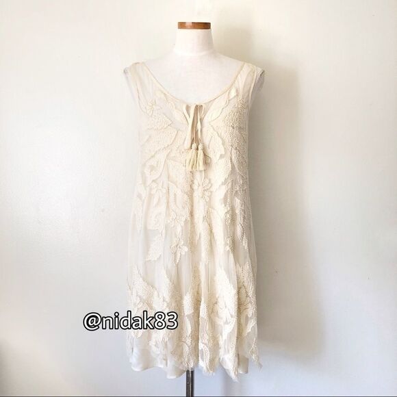Free People La Palma Trapeze Mini Semi Sheer Dress NWT Large boho RARE - Picture 3 of 10